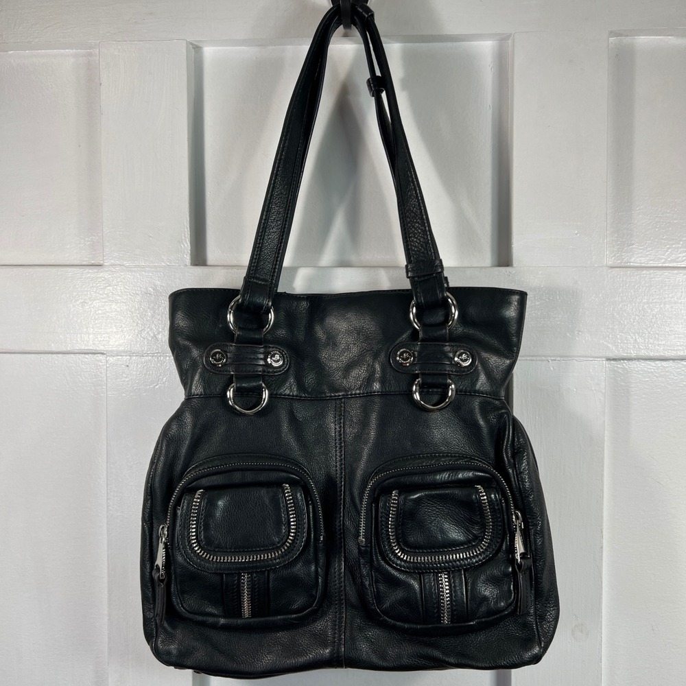 B. Makowsky Black Pebbled Leather Shoulder Bag Leopard Lining Silver Hardware